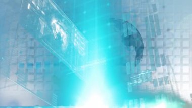 Ekranlar üzerinde grafik ve veri işleme animasyonları. küresel iş, veri işleme ve hesaplama kavramı dijital olarak oluşturulmuş video.