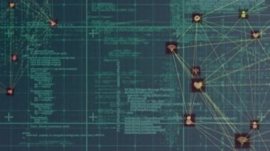 Veri işleme animasyonu, ikon küreler ve ızgara ile bağlantı ağı. küresel iş, veri işleme ve bağlantı konsepti dijital olarak oluşturulmuş video.