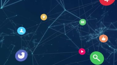 Dijital simgelerden oluşan bir ağ ve mavi arka planda parlayan bağlantılar ağı. küresel ağ ve teknoloji kavramı