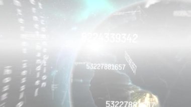 Animasyon günlüğü veri işleme, değişen numaralar ve uzayda dönen dünya üzerindeki ışık. yeni teknoloji, ağ, iletişim ve bağlantı konsepti dijital olarak oluşturulmuş video.