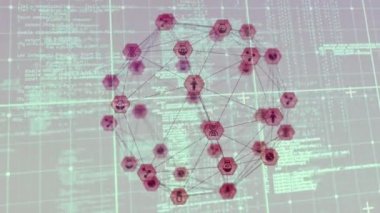 Veri işleme animasyonu, ikon dünya ve ızgara ile bağlantı ağı. küresel iş, veri işleme ve bağlantı konsepti dijital olarak oluşturulmuş video.