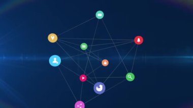 Dijital simgelerin oluşturduğu ağ, ışık noktalarına karşı mavi arkaplan karşısında yanıp sönüyor. küresel ağ ve teknoloji kavramı