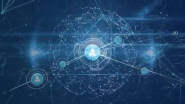 Mavi arkaplandaki simgeler ve dünya ile bağlantı ağının animasyonu. küresel bağlantılar, veri işleme ve dijital olarak oluşturulmuş video ağ konsepti.