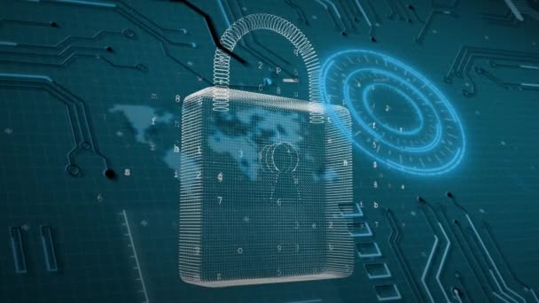 青の背景に統合回路とデジタルセキュリティ南京錠のアニメーション 世界的なデジタルセキュリティ 安全性 テクノロジーの概念デジタルで生成されたビデオ — ストック動画