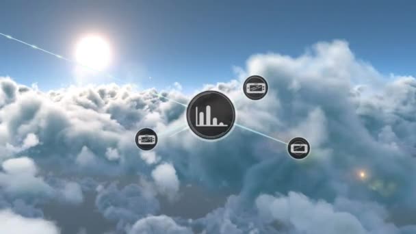 Réseau Icônes Numériques Contre Les Nuages Dans Ciel Bleu Concept — Video