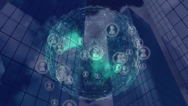 파란색 배경에 아이콘 현대적 사무실 네트워크 애니메이션 글로벌 데이터 디지털 — 비디오