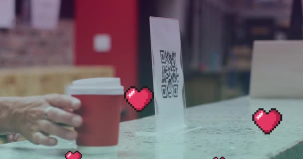 Кілька Рожевих Значків Серця Плавають Проти Людини Роблячи Оплату Через — стокове відео