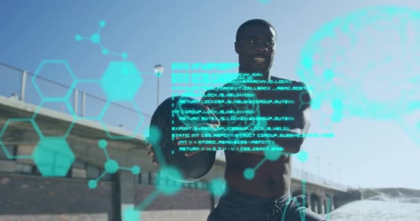 Medicinsk Databehandling Mot Afrikansk Amerikansk Passform Man Arbetar Med Medicin — Stockvideo