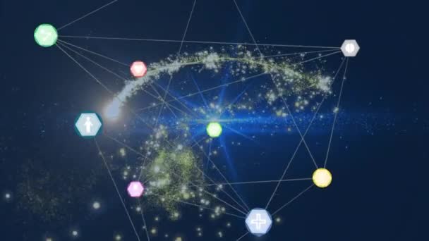 Netzwerk Digitaler Symbole Gegen Sternschnuppen Und Lichtflecken Auf Blauem Hintergrund — Stockvideo