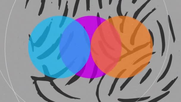 Animace Čar Kruhů Pohybujících Pod Modrými Žlutými Růžovými Kruhy Koncepce — Stock video