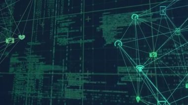 Veri işleme animasyonu, ikon küreler ve ızgara ile bağlantı ağı. küresel iş, veri işleme ve bağlantı konsepti dijital olarak oluşturulmuş video.