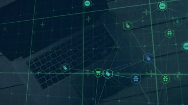 Dizüstü ve ızgara üzerinden ikon dünya ile bağlantı ağının animasyonu. küresel iş, veri işleme ve bağlantı konsepti dijital olarak oluşturulmuş video.