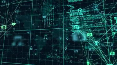 Siyah arkaplanda veri işleme üzerine simgelerle bağlantı ağının animasyonu. küresel bağlantılar, iletişim ve teknoloji konsepti dijital olarak oluşturulmuş video.