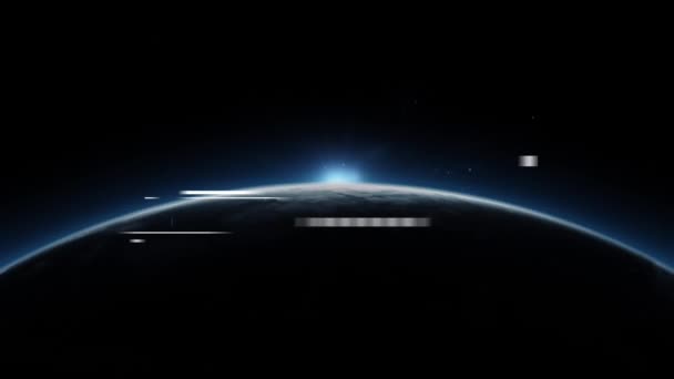 Animación Diversas Formas Sol Saliendo Sobre Globo Espacio Nueva Tecnología — Vídeos de Stock