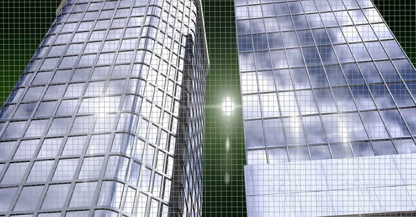 Plamki Nad Dwoma Wysokimi Modelami Budynków Zielonym Tle Nowoczesna Architektura — Zdjęcie stockowe