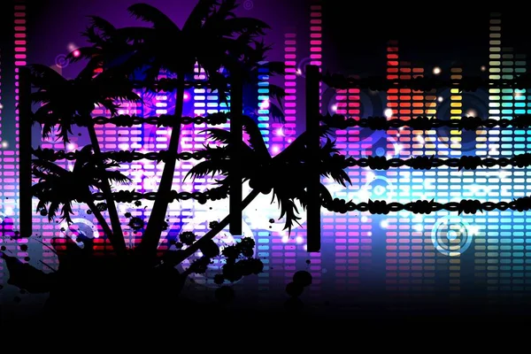 Palmiye Ağaçlarının Siluetinin Üzerinde Dikenli Tel Siyah Arka Planda Müzik — Stok fotoğraf