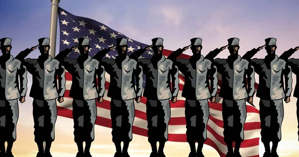 数字生成的军人与美国国旗并肩作战的图像 数字合成 爱国主义 军队和身份概念 — 图库照片