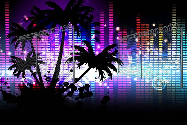Palmensilhouette Musik Equalizer Und Lichtfleck Vor Schwarzem Hintergrund Tropische Musik — Stockfoto