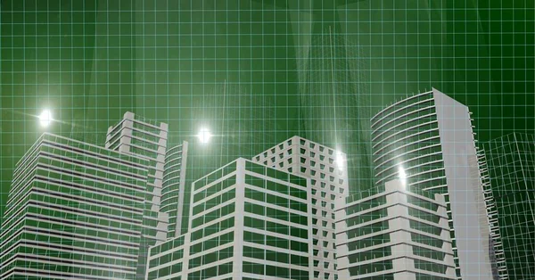 Spots Luces Sobre Modelo Ciudad Sobre Fondo Verde Arquitectura Moderna — Foto de Stock