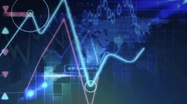 Dünya haritasında finansal veri işleme animasyonu. küresel iş, bağlantılar, veri işleme, bilgisayar ve dijital arayüz kavramı dijital olarak oluşturuldu.