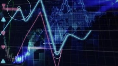 Dünya haritasında finansal veri işleme animasyonu. küresel iş, bağlantılar, veri işleme, bilgisayar ve dijital arayüz kavramı dijital olarak oluşturuldu.