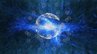 Mavi arkaplan üzerinde simgeler ve dünya ile bağlantı ağının animasyonu. küresel çevrimiçi bağlantılar ve dijital olarak oluşturulan veri işleme konsepti.