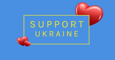 Mavi arkaplan üzerinde kırmızı kalp şekilleri olan Ukrayna metin desteğinin dijital olarak oluşturulmuş görüntüsü. dijital kompozit, yaratıcı, vatanseverlik ve destek kavramı.