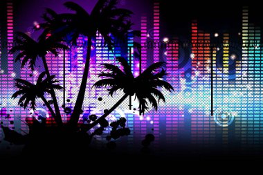 Palmiye ağaçları silueti ve siyah arka planda müzik dengeleyicisi. tropikal müzik ve tatil konsepti