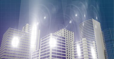 Mavi arka planda 3D şehir modelinin üzerinde ışıklar var. modern mimari ve mühendislik kavramı