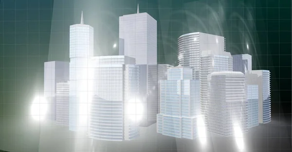 Lichtpunkte Über Dem Stadtmodell Vor Grünem Hintergrund Moderne Architektur Und — Stockfoto