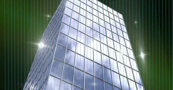 在绿色背景下的高楼模型上方点亮的灯光 现代建筑和工程概念 — 图库照片