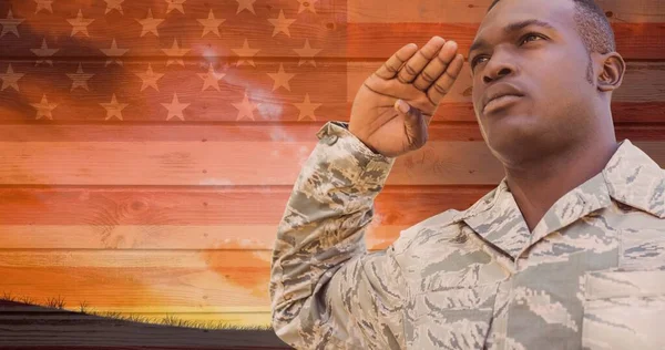 Digital Composite Image Young African American Military Man Saluting America — Stock Photo, Image