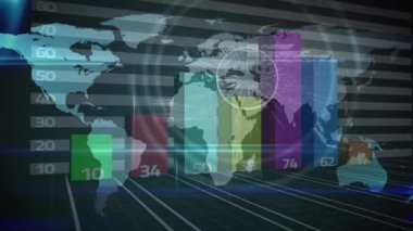 Dünya haritasında finansal veri işleme animasyonu. küresel iş, bağlantılar, veri işleme, bilgisayar ve dijital arayüz kavramı dijital olarak oluşturuldu.