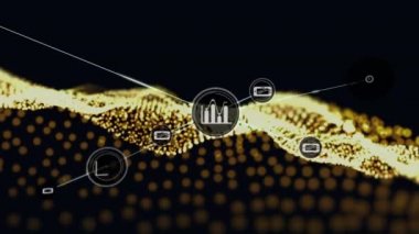 Ağ ve siyah arkaplan üzerindeki simgelerle bağlantı ağının animasyonu. küresel bağlantılar, bilgisayar ve dijital arayüz konsepti dijital olarak oluşturulmuş video.