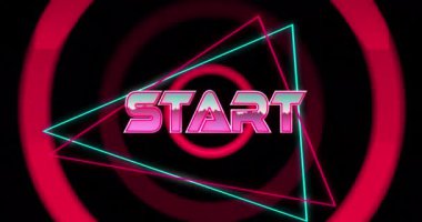 Hareket eden renkli dairelerin üzerindeki üçgenlerle başlamanın animasyonu. Video oyunu, dijital arayüz, iletişim ve eğlence konsepti dijital olarak oluşturuldu.