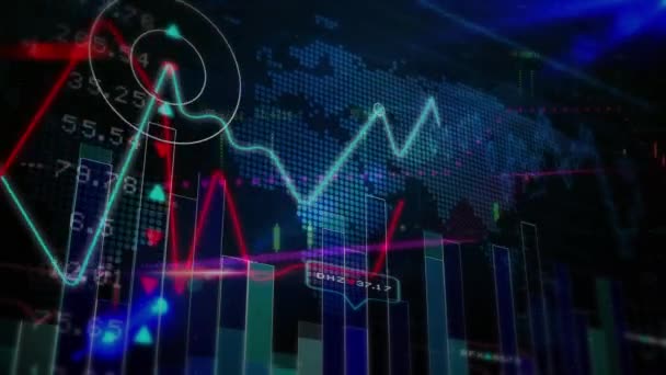 Animação Processamento Dados Financeiros Através Mapa Mundial Conceito Global Negócios — Vídeo de Stock