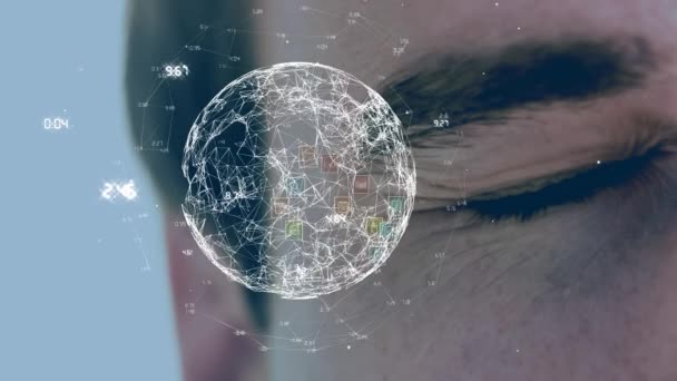 Анімація Глобусу Мережею Язків Числами Над Обличчям Кавказької Людини Глобальна — стокове відео