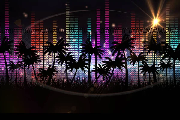 Silhouet Van Palmbomen Muziekequalizer Lichtvlek Tegen Zwarte Achtergrond Tropische Muziek — Stockfoto