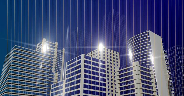 Vlekken Van Lichten Stad Model Tegen Een Blauwe Achtergrond Modern — Stockfoto