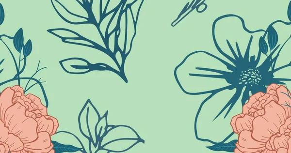 Yeşil Arkaplanda Pembe Çiçeklerin Dijital Kompozit Görüntüsü Soyut Desen Üzerinde — Stok fotoğraf