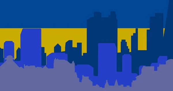 Digitaal Gegenereerde Afbeelding Van Silhouet Stad Skyline Tegen Blauwe Gele — Stockfoto