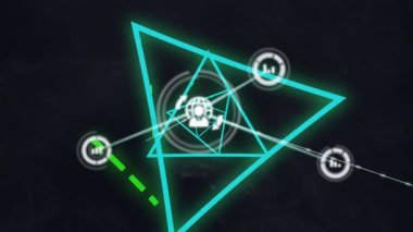 Neon üçgenler ve siyah arkaplan üzerindeki simgelerle bağlantı ağının animasyonu. küresel bağlantılar, bilgisayar ve dijital arayüz konsepti dijital olarak oluşturulmuş video.
