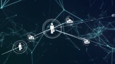 Siyah arkaplan üzerinde insan simgeleriyle bağlantı ağının animasyonu. küresel bağlantılar, bilgisayar ve dijital arayüz konsepti dijital olarak oluşturulmuş video.