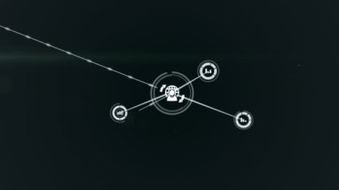 Koyu yeşil arkaplan üzerindeki simgelerle bağlantı ağının animasyonu. küresel bağlantılar, bilgisayar ve dijital arayüz konsepti dijital olarak oluşturulmuş video.