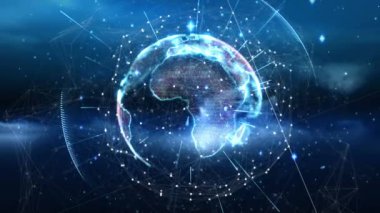 Mavi arkaplan üzerindeki dünya ile bağlantı ağının animasyonu. küresel çevrimiçi bağlantılar ve dijital olarak oluşturulan veri işleme konsepti.