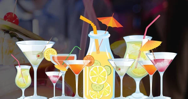 Bardaklar Şişedeki Çeşitli Kokteyllerin Dijital Görüntüsü Alkollü Içki Mutlu Saatler — Stok fotoğraf