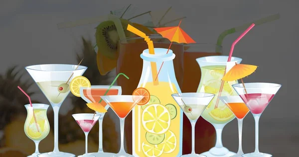 Bardaktaki Şişedeki Çeşitli Kokteyllerin Dijital Kompozit Görüntüsü Alkollü Içki Mutlu — Stok fotoğraf