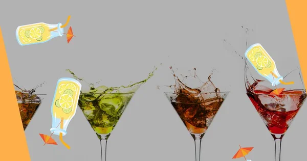 酒瓶落在马提尼酒杯上的数字合成图像 酒瓶上的鸡尾酒飞溅 酒精饮料和欢乐时光概念 — 图库照片