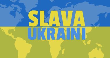 Slav Ukrayna 'nın dijital kompozit görüntüsü Ukrayna bayrağıyla dünya haritasının üzerinde. Vatanseverlik, savaş ve çatışma kavramı.
