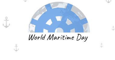 Dijital olarak üretilmiş denizcilik günü metni. Gemi tekerleği ve beyaz arka planda çapaları var. yaratıcı ve sembol kavramı.